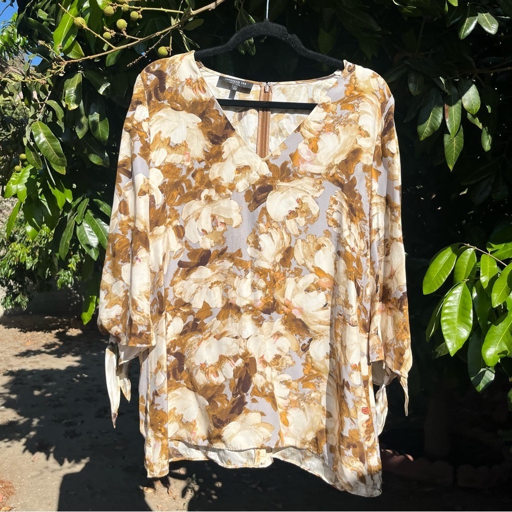 Floral V-Neck Women's Top - Cream and Brown